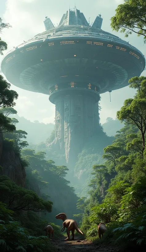 Colossal alien ship suspended above a forest full of dinosaurs