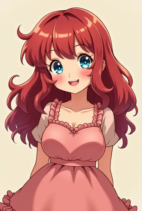 Very Chubby smiling anime woman with long wavy dark red hair, blue eyes and a mustache  in a cute dress