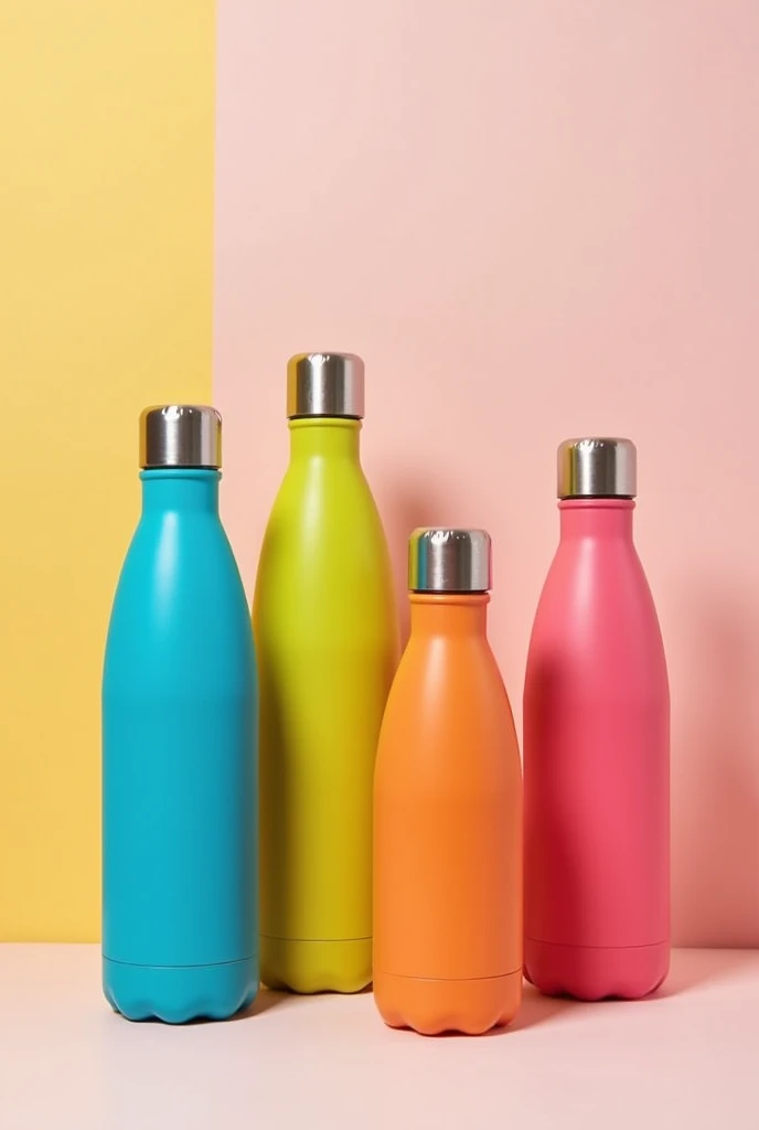 Rectangular image lying with reusable bottles of different colors but without letters to put text on the image and include it in a newspaper such as an advertisement. 