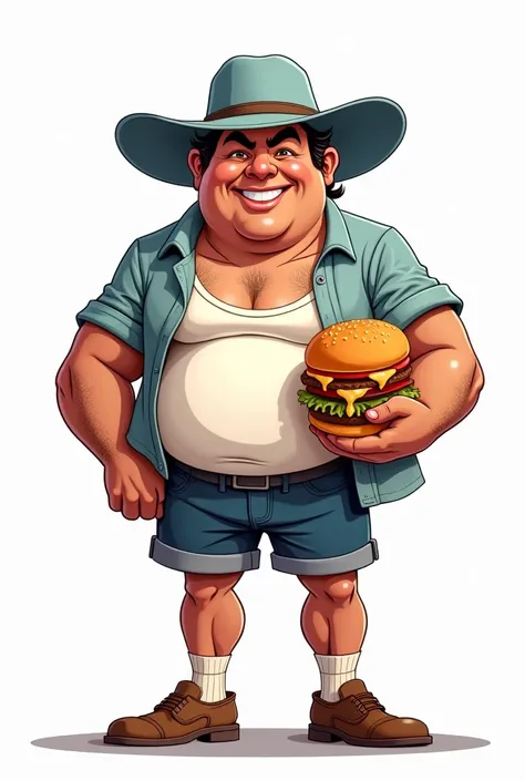 Create a simple vector-style character with clean lines and a Cartoon aesthetic. The character should represent a 70s/80s Australian trucker, with slicked-back hair and fat face and body. Use a vibrant and detailed color palette to highlight the following ...