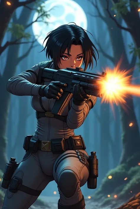 I want a beautiful female vigilante. Shes Navajo and has short black hair, tan-bronze skin, and amber eyes. I want her to be dressed in a gray tactical suit with black armored adjacent, a black metallic muzzle covering her mouth, black gloves, gun holsters...