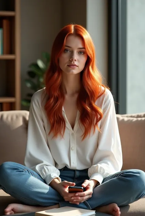 create an image of a woman with straight RED and wavy hair, she wears a loose white blouse, jeans, she is sitting cross-legged with a notebook on her lap and a cell phone in her hand, in a modern room, with earthy tones, with custom furniture and a modern ...