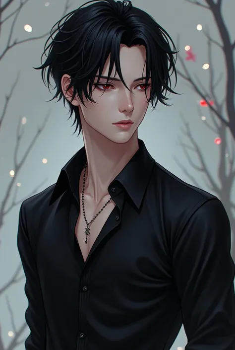 Male anime character with black hair and black blouse 
