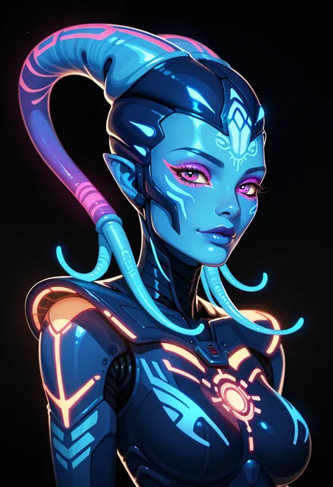 Ancient Extraterrestrial Creature, Alien Being, ((Non-Human)), Female seductive Alien, colorful skin, Holographic Alien Tribal, Tribal Alien Priestess, Glowing Makeup, Blacklight, Glowing, Seductive Alien Technology, Black Background, Character Design Shee...