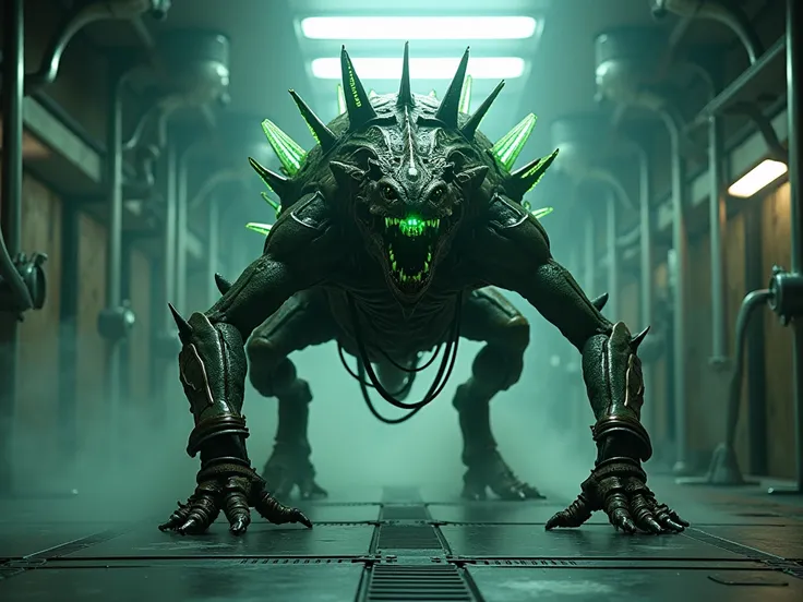 "A monstrous quadrupedal bio-weapon contained within a dimly lit, high-security laboratory. The creatures body is a grotesque fusion of organic tissue and biomechanical plating, with muscular, sinewy legs ending in razor-sharp claws that dig into the metal...