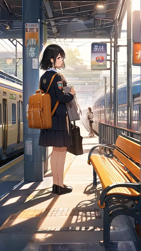  the soft morning light shines in 、 urban train home 。 modern buildings stand in the background 、 the station name sign shines modestly 。 and commuters sit here and there on the 、 there is a gentle sense of hustle and bustle in the air 。The girl is in unif...