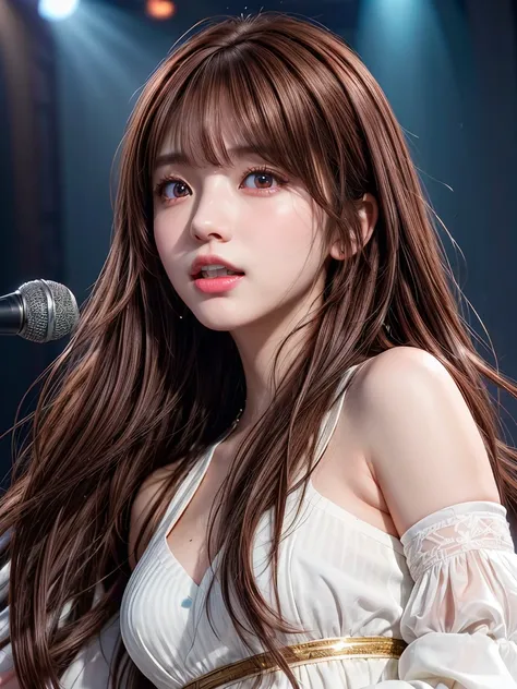  Extremely Detailed CG Unity 8K Wallpaper, Beautiful paintings, (( brown hair、Girly Hair:1.5)), ((Red eyes、Droopy eyes:1.3)),  shiny hair, Thick bangs, (( showing white teeth : 1. 2)), ((Image Processing Algorithms:1.5)),  high pixel density in front of th...