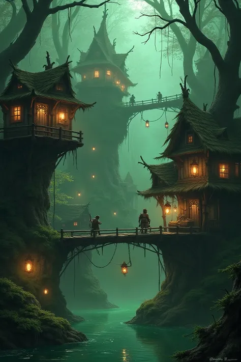  “A dark and mysterious swamp with wooden and straw houses built on stilts.  The waters are greenish and covered with fog .  Hanging bridges connect the different areas of the kingdom .  Hanging lanterns dimly illuminate the place ,  creating a disturbing ...