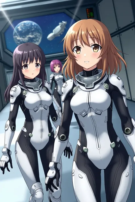 masterpiece, Highest quality, high resolution, newest, 2girls, friends, (group shot):5, (upper body):5, kyoto animation style, detailed, BREAK lunar base interior and exterior, moon surface exploration, lunar landscape, BREAK (white and black mechanical sp...