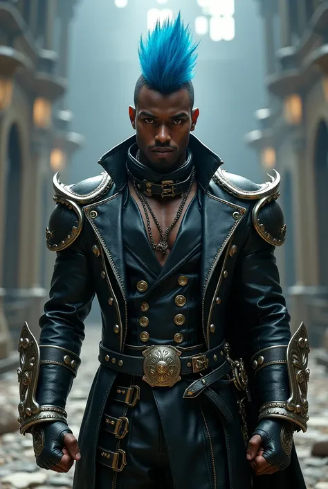 Create final fantasy style: a handsome black man with mohawk blue hair wearing a gothic steampunk jacket with 2 platinum knuckle-dusters in a medieval combat arena