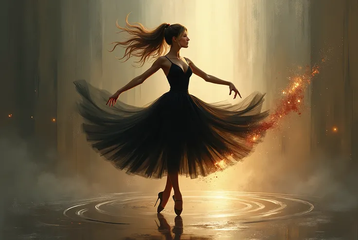 An emotionally charged digital painting of a 32-year-old attractive ballerina in mid-motion, wearing a flowing black dress. The scene is set in a surreal, flux-like environment where her graceful movements blend with swirling, abstract patterns of light an...