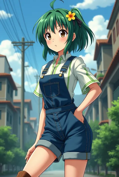  22-year-old female character with green hair and brown eyes ,  wear a denim jumpsuit and a white blouse with green stripes ,  wear brown boots and a flower on the ear ,  draw her with the anatomy similar to Shizuku from Hunter x Hunter, Do it in the featu...