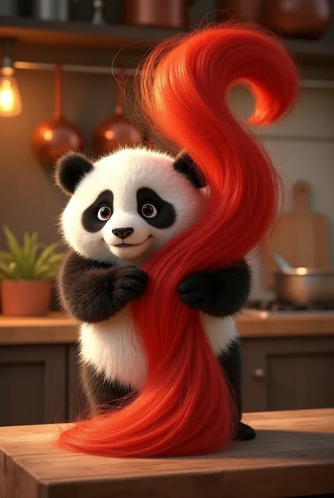 Please,  create an image of a cute panda controlling a bunch of red hair in the air, Like in the movie Ratatouille . 