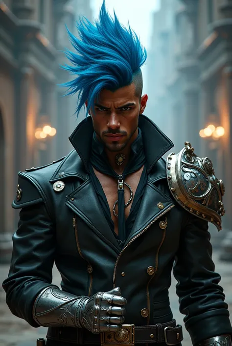 Create final fantasy style: a handsome black man with mohawk blue hair wearing a gothic steampunk jacket with 2 platinum knuckle-dusters in a medieval combat arena