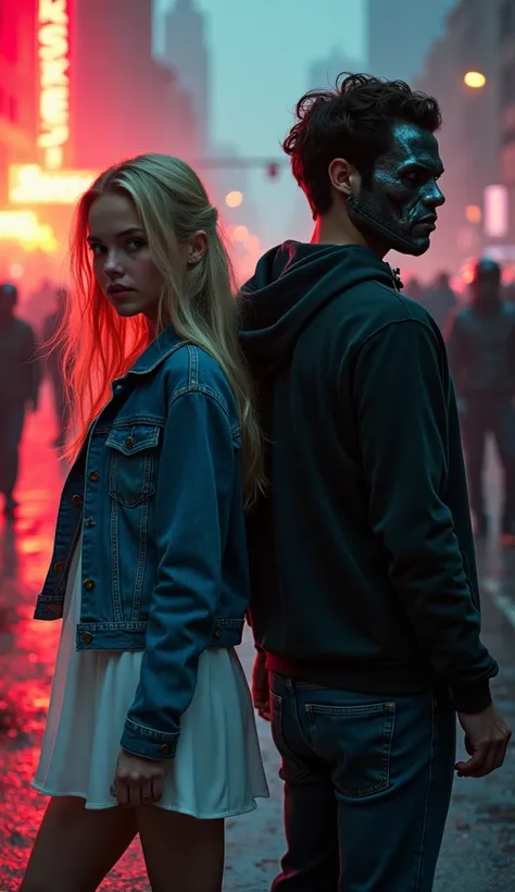  Create a picture for a story based on the setting from the movie  "PURGE".  I need beautiful neon accents and possibly fuzzy images of a girl and a guy with their backs turned to each other. history,  where she is the daughter of a politician ,  Masked Da...