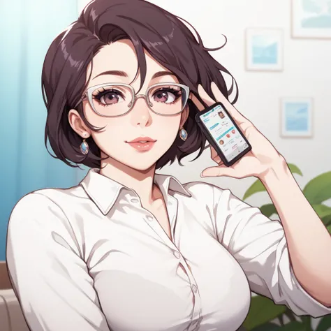 anime girl with glasses and a white shirt holding a cell phone,short hair,white shirt, with glasses, Score_9, Score_8_up, Score_7_up, Score_6_up, Score_5_up, Score_4_up, Source_anime, Tag1, Tag2, Quality_masterpiece, Anatomically correct, Beautiful face, P...