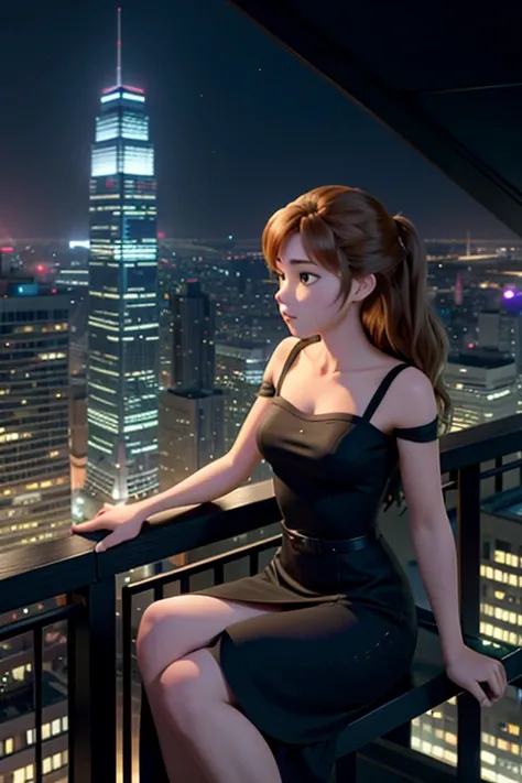  a girl in a black top sits on the edge of a skyscraper,  by Studio Ghibli , Cityscape, Detailed Illustration, Official art ,  in the style of kawacy , Graceful movement, Nocturne, composed , HD wallpapers