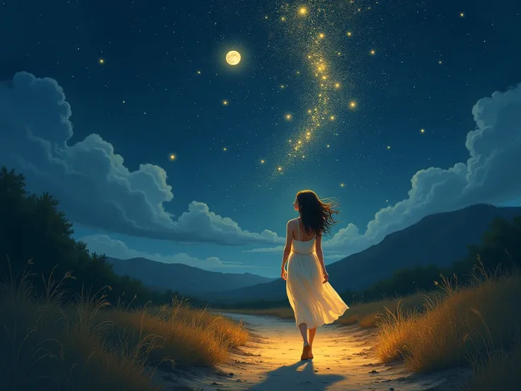  A woman walks alone on a deserted path under the faint moonlight .  She wears a light dress that flows with every step ,  reflecting the soft night lighting .  His face rises to the sky ,  where a shower of shooting stars crosses the ,  bathing him with a...