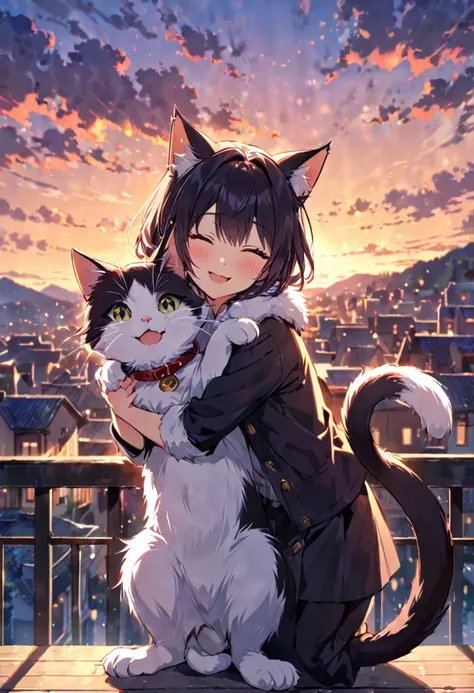 A cat rubbing up against you with its tail raised, refined fur, friendly, cheerful, dusk, happiness