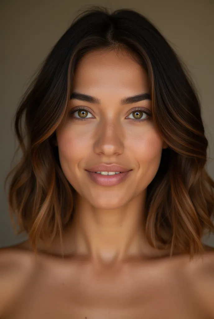 close-up portrait of a stunning 25-year-old woman with a strong polish-italian heritage, dark brown hair with caramel balayage h...