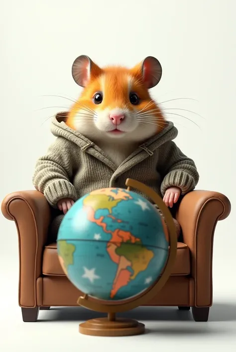 3D, hamster head wearing shabby clothes, with a lazy face, sitting on the sofa while looking at the world / globe which keeps spinning, with a clean white background