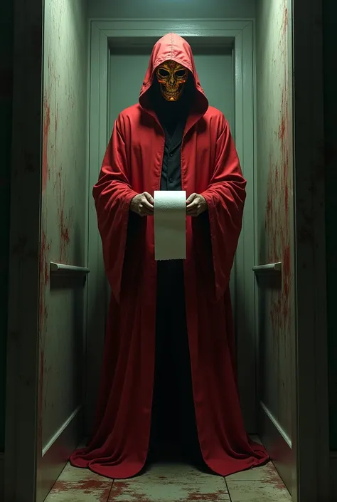 Make a tall entity with a gold mask and a red hooded overcoat holding a toilet paper at the door of a ghoulish bathroom 