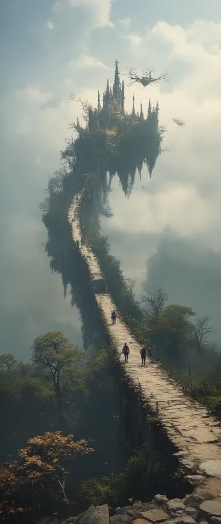  A very old bridge ( float in the sky , 即将倒塌,  Many rainbows shine through the mist ) connected to an ancient castle  float in the sky .  is diffusely reflected through the fog .  stretch far into the foreground ， is about to collapse and . in the thick fo...