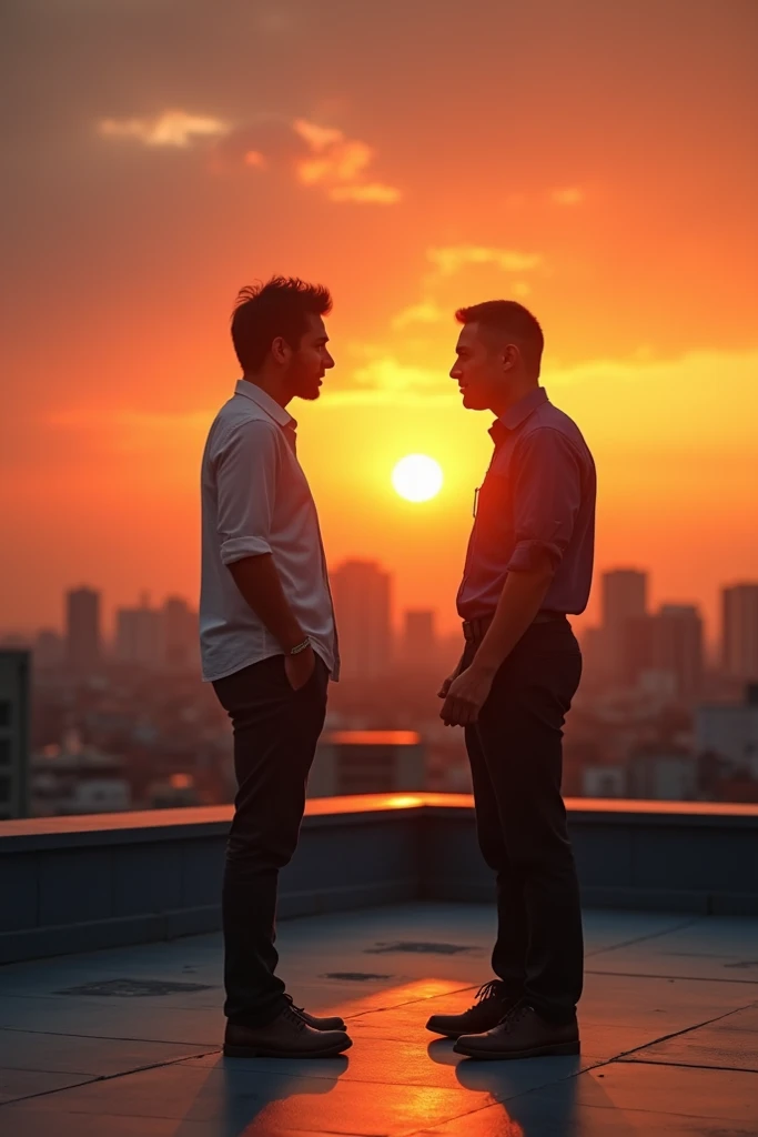 Make me a  with an adult talking on a rooftop during sunset