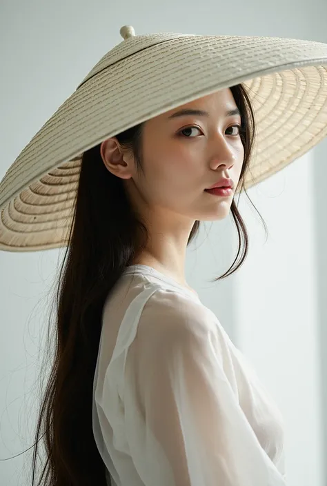 Chinese woman in a white hat with large brim and long hair