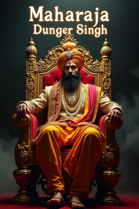 The image is a still from the movie Maharaja Dunger Singh. It shows the main character, Maharaja, sitting on a throne with a serious expression on his face. He is wearing a traditional Indian outfit with gold jewelry and a turban on his head. The throne is...