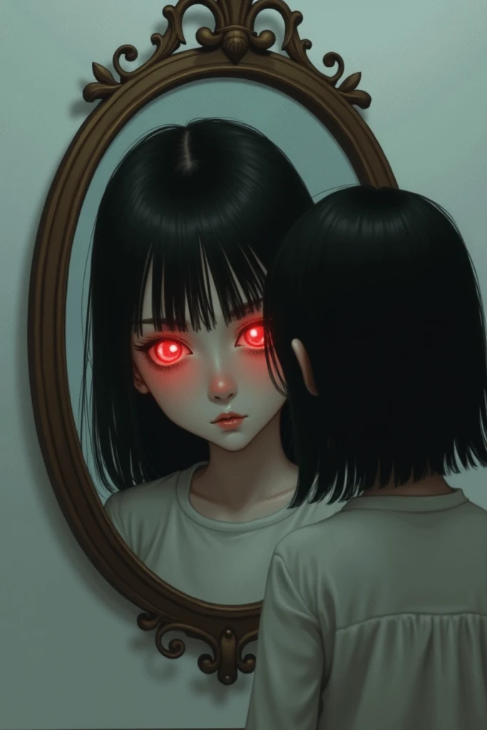 A girl in the mirror reflecting two red eyes in the mirror 
