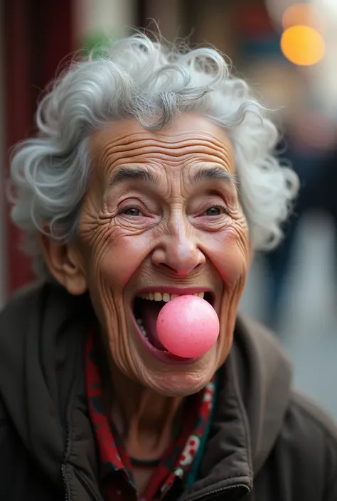  Very old lady laughing selling gum , The people around you are all smiling 