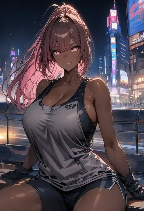 masterpiece, best quality, extremely detailed, 1girl, mature female, solo, (dark brown skin:1.6), parted lips, ((pink hair, ponytail, pink eyes, power symbol-shaped pupils)), ((baltimorerace, black gloves)), light smile, sitting on the bench, futuristic ci...