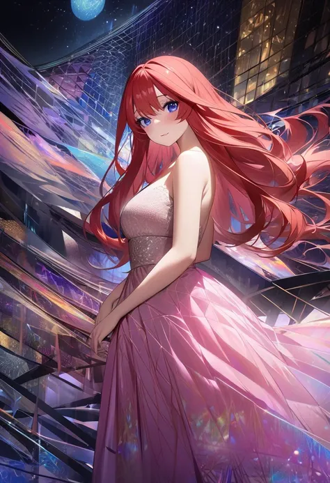 1girl, nakano itsuki,go-toubun no hanayome,cocktail dress,inviting posture,night party venue,beautiful night view, Her skin is rendered with lifelike warmth, but each brushstroke is deliberate and visible, showcasing the depth and texture of oil painting. ...