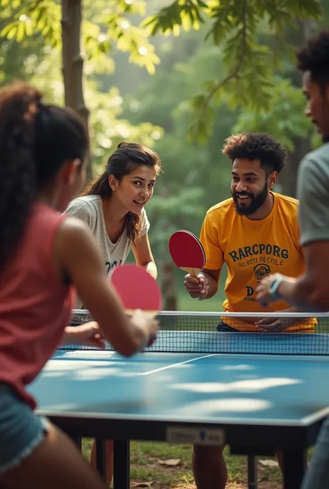 Realistic image showing friendship, nice moments, support, some reggaeton young men and women an other people playing ping pong without touching each other in a natural environment 