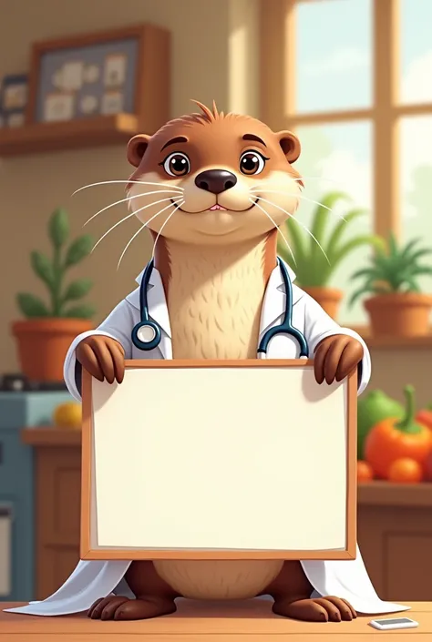 a cheerful otter in nutritionist clothes holding a blank sign  