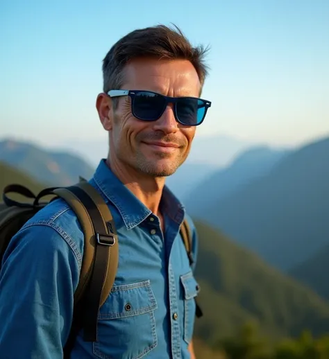 A handsome man 55 years with short under cut dark brown hair, charming face most details, slightly smiling, wearing blue sunglasses blue-indigo shirt backpack , stands in front of Phu Bo Bit mountain Loei Thailand, looking at the viewer the bright blue sky...