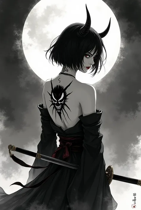 Ink Painting　Japanese sword　Beauty　Black and White　Gal　Moonlit Night　short hair　Hannya tattoo on the back 