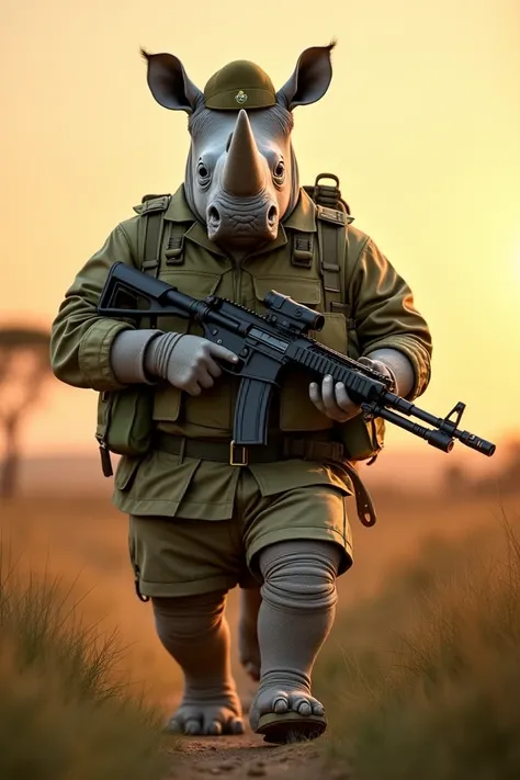 Imagine a white rhinoceros ,  standing and dressed in a South African military uniform .  rifle. It wears a savanna-style camouflaged uniform ,  with olive green details and a campaign hat ,  holding a South African Vektor R4 ,  while patrolling an African...