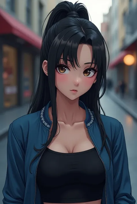 A close-up view of a semi-realistic anime-style woman with long, sleek black hair styled in a high ponytail. The focus is on her intense gaze and sharp facial features, exuding a serious and determined aura. She is wearing a stylish blue bomber jacket over...