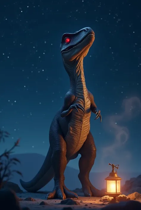 Velociraptor under night light with red eyes looking up at the stars