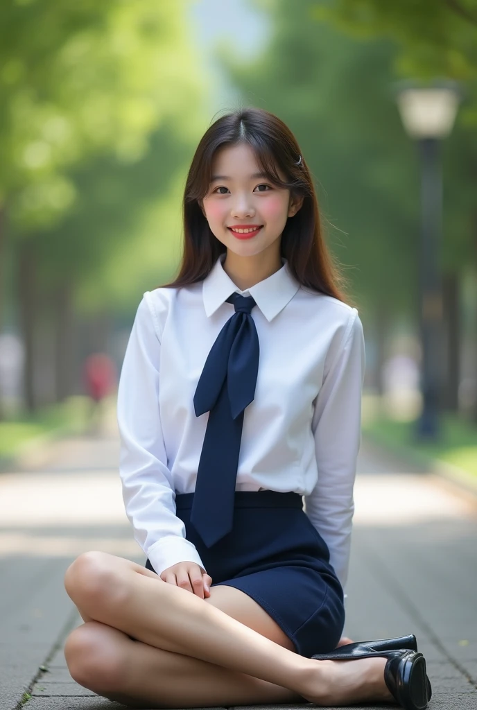 Realistic photograph of full body of a beautiful young girl , wide angle view, looking at viewer, makeup, blush, red lipstick, white shirt long sleeve, navy blue necktie, navy blue short pencil skirt, black high heel shoes, smile expression, sit with legs ...