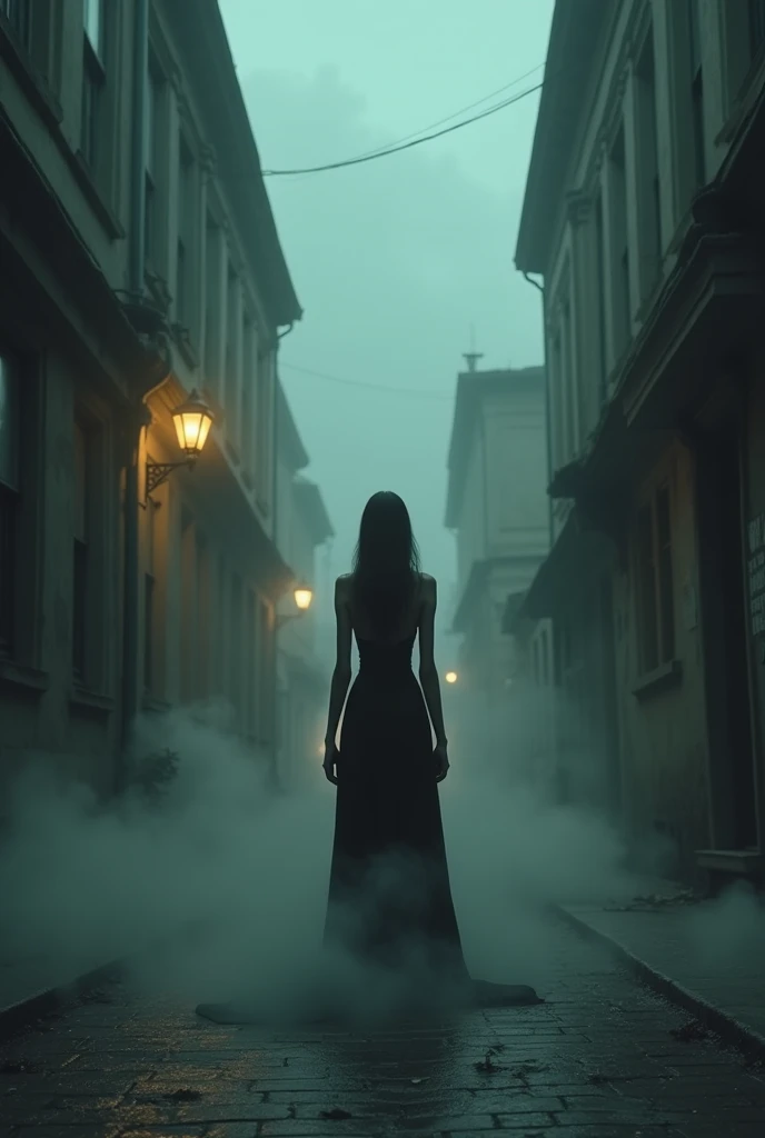 A woman with a long back at the end of a deserted and dark street 