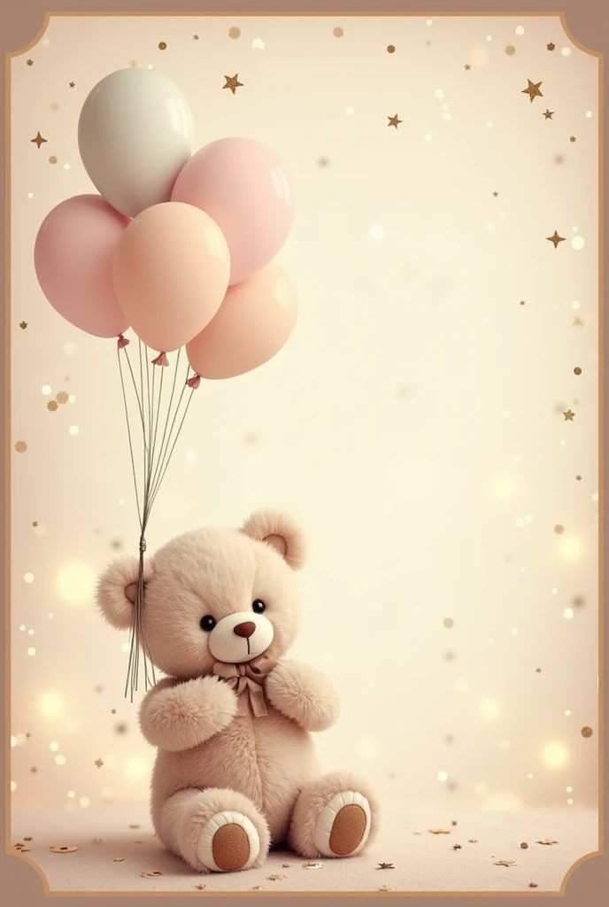  I want to create an invitation to be godparents of a baby in the colors light brown pastel darker brown white and gold create a background with teddy bear and star too, I want something sophisticated and cute
Put some balloons in the bears hand 