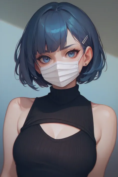 Girl with dull blue short hair wearing a black sweater with a white face mask 