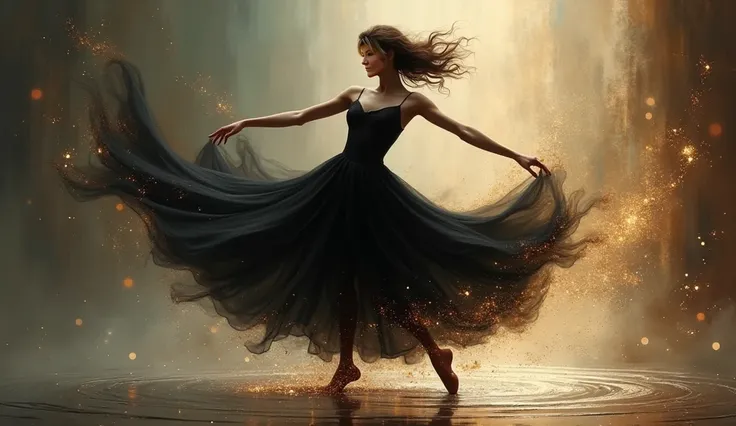 Highly detailed, realistic 4K image of an emotionally charged digital painting of a 32-year-old attractive ballerina in mid-motion, wearing a flowing black dress. The scene is set in a surreal, flux-like environment where her graceful movements blend with ...