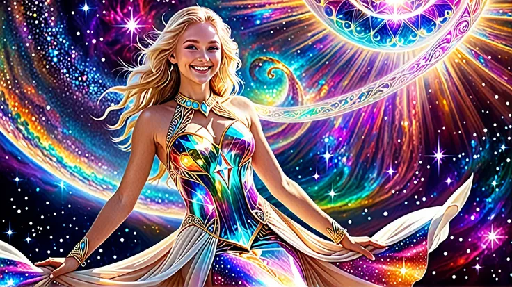 The image features an extremely beautiful blond smily divive spirit in a full-bodied pose, captivating eyes, with a subtle inspiring sacred celestial colorful iridiscent gods divine crystal dress, long tail. behind her, an extremely beautiful shimmering su...