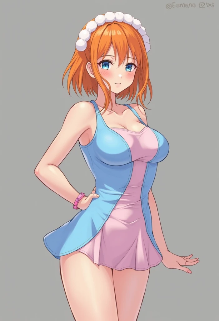  dress、 orange hair、Short jellyfish hair with a narrow neckline 、 blue and pink creepy slingshot swimsuit、 grow a swans head and neck in place of a dick、Okama makeup 、 ladyboy、Shemale、Women、anime、Big cock、Highest Exposure 、white headband with bonbons on bo...