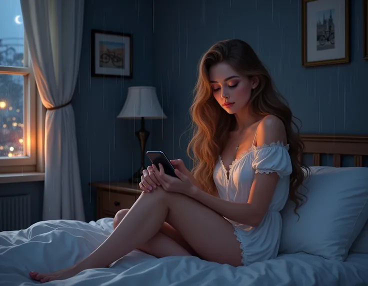 horizontal image.  realistic illustration ,  full body portrait . digital art.  Aesthetic and romantic image . pose frontal, zoom, Front focus. Shes looking at her cell phone.  night environment , Midnight.  a 25-year-old woman , young and beautiful.  sitt...