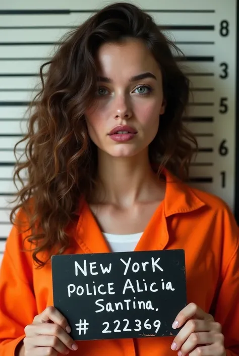  beautiful and attractive woman in her early 20s ,  long brown hair with curly hair , Hair falling close to face , Still Photography,  model mug shot , He is wearing a bright orange prisoner uniform,  has a black sign with the letters written on it  " New ...